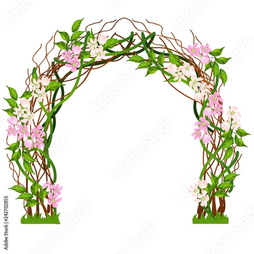 Wedding arch decorated with pink flower buds isolated on white background. Vector cartoon close-up illustration.