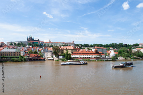 View of old town and Prague castle. River Vltava, Czech Republic .