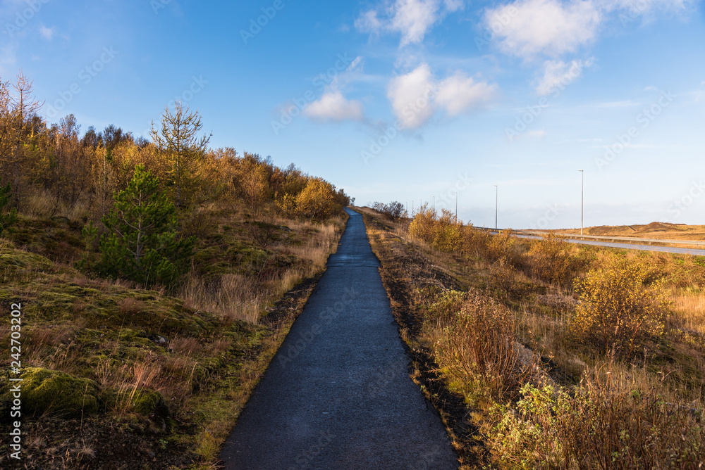 Narrow Hillside Path in the Countryside of Iceland under Blue Sky on a Fall Day Narrow Hillside Path in the Countryside of Iceland under Blue Sky on a Fall Day