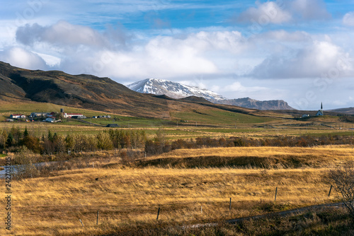 Idyllic Rural Landscape in Iceland on a Sunny Autumn Day.