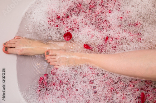 Romantic Valentines day bath with rose petails, woman in home spa, luxury self care