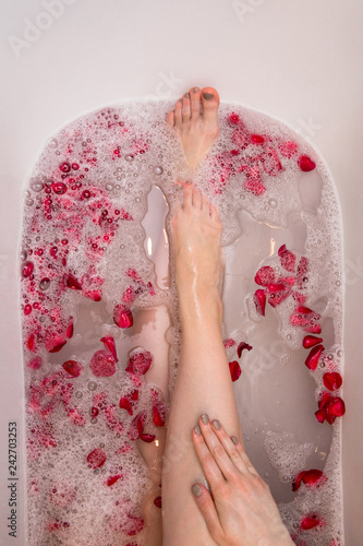 Romantic Valentines day bath with rose petails, woman in home spa, luxury self care