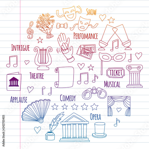 Vector set with theatre icons. Entertainment, show, musical perfomance