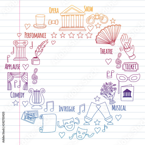 Vector set with theatre icons. Entertainment, show, musical perfomance