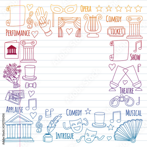 Vector set with theatre icons. Entertainment, show, musical perfomance