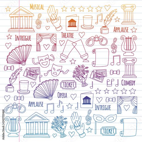 Vector set with theatre icons. Entertainment, show, musical perfomance