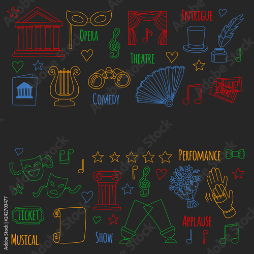 Vector set with theatre icons. Entertainment, show, musical perfomance