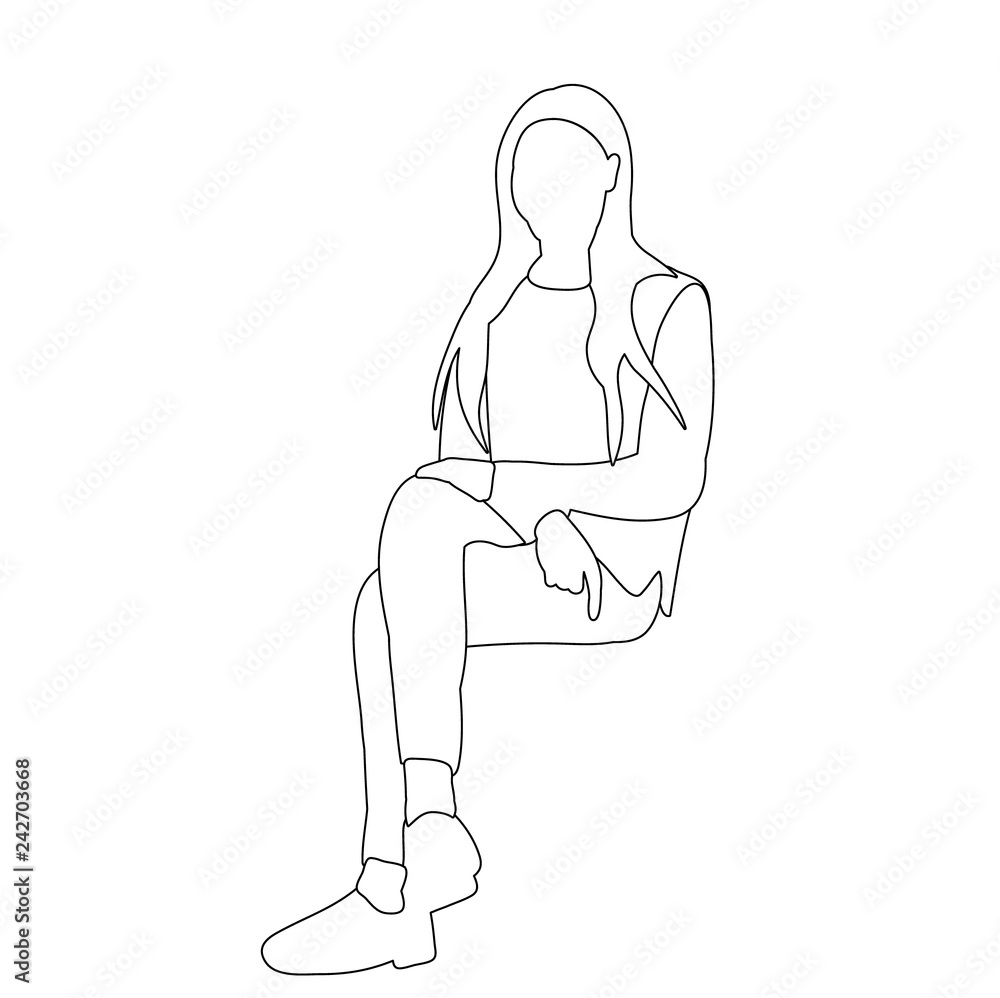 isolated, sketch girl, woman with long hair sitting