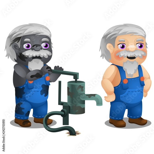 Animated male workman with coverall and broken water hand pump isolated on white background. Vector cartoon close-up illustration.