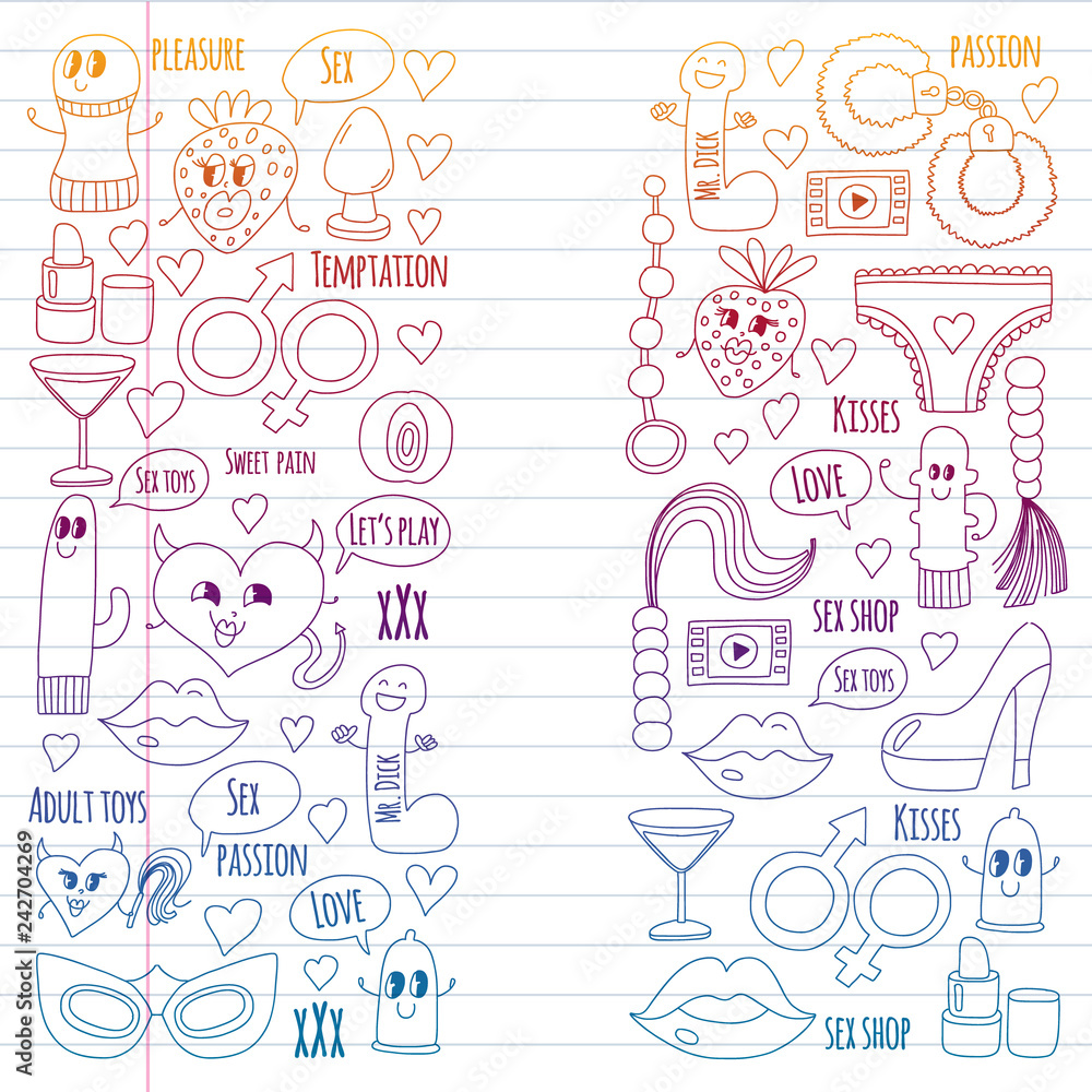 Funny icons for sex shop. Cute cartoon characters. Dildo, strawberry, condom, heart. Love and play Funny icons for sex shop. Cute cartoon characters. Dildo, strawberry, condom, heart. Love and play