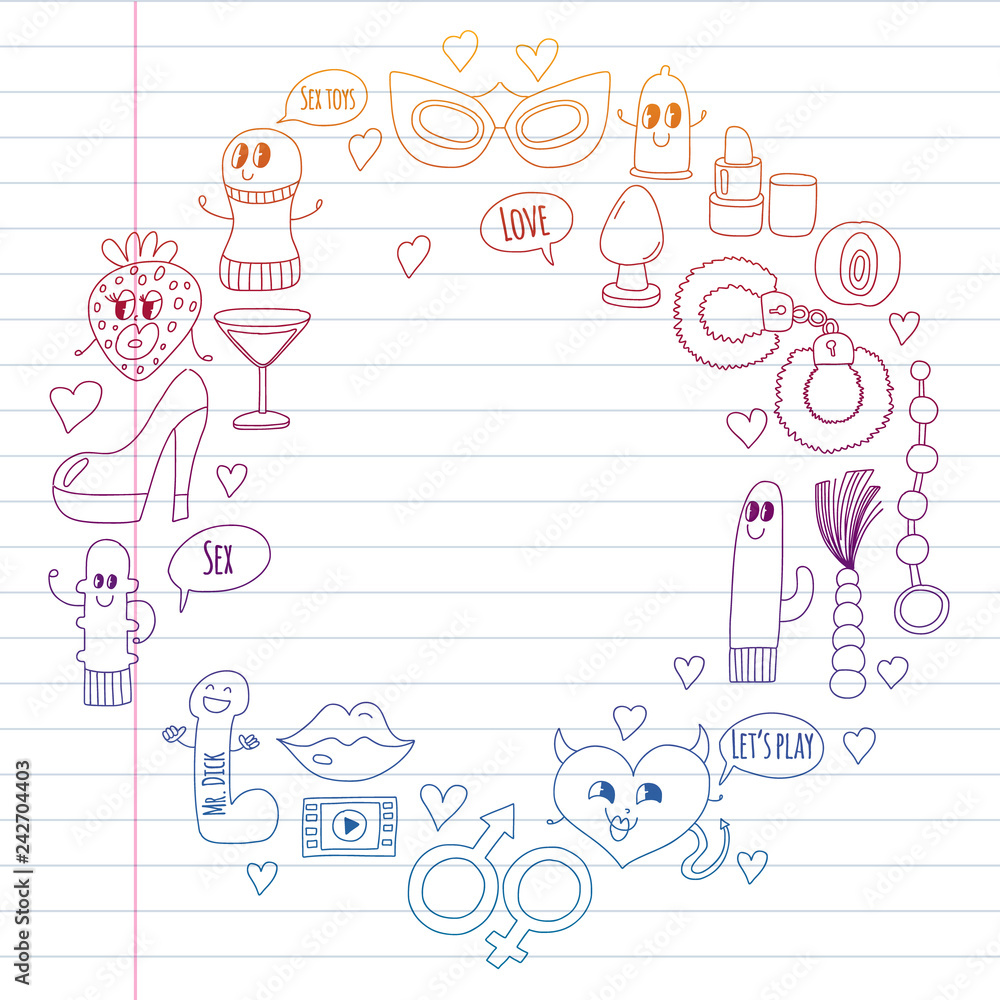 Funny icons for sex shop. Cute cartoon characters. Dildo, strawberry, condom, heart. Love and play Funny icons for sex shop. Cute cartoon characters. Dildo, strawberry, condom, heart. Love and play