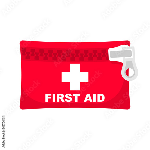 First aid kit. Medical equipment and medications. Healthcare concept. Vector illustration flat design. Emergency template banner. Help in colds. First aid kit for travel and auto.