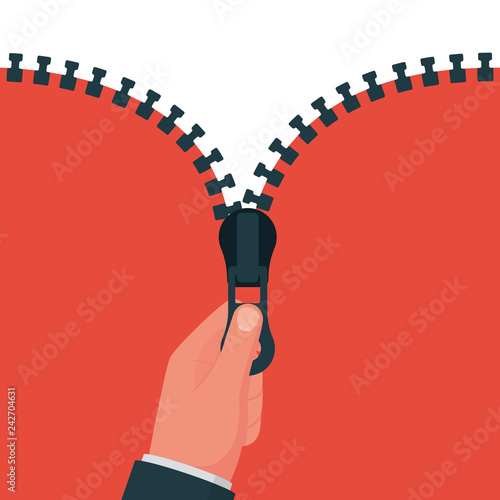 Hand pulling zipper. Vector illustration flat design. Isolated on white background. Zipper closeup. Open and close the web template.