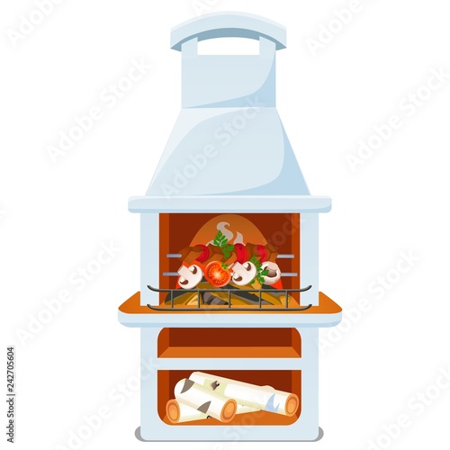 Stove for cooking meat and vegetables on fire isolated on white background. Vector cartoon close-up illustration.