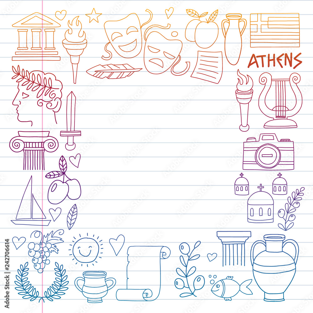 Travel to Greece. Vector set with doodle style icons Travel to Greece. Vector set with doodle style icons