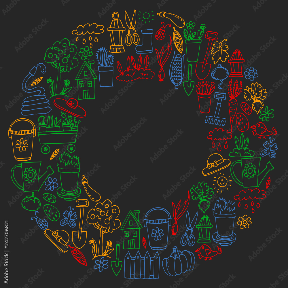 Garden, agriculture, garden tools, equipment, harvest. Icons of gardening items.