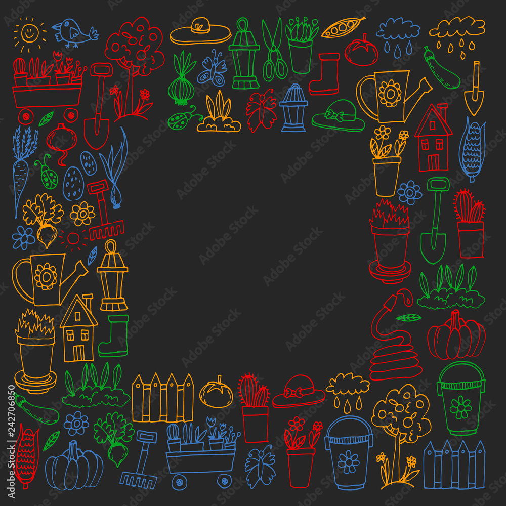 Garden, agriculture, garden tools, equipment, harvest. Icons of gardening items.
