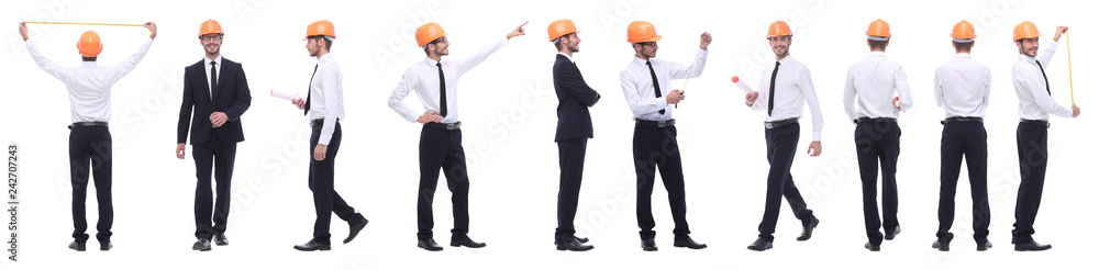 panoramic photo collage of confident architect isolated on white panoramic photo collage of confident architect isolated on white