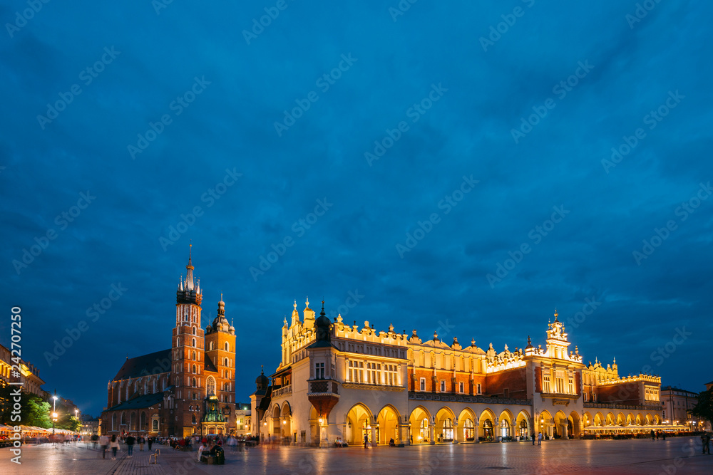 Krakow, Poland. Evening Night View Of St. Mary's Basilica And Cl