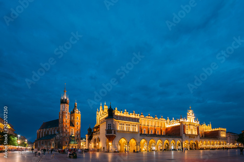 Krakow  Poland. Evening Night View Of St. Mary s Basilica And Cl