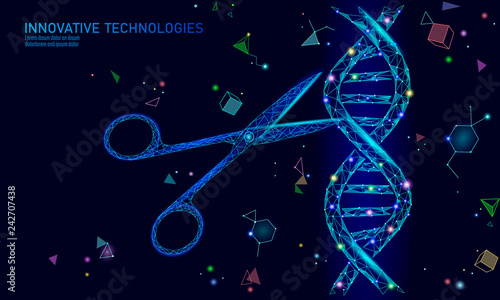 DNA 3D structure editing medicine concept. Low poly polygonal triangle gene therapy cure genetic disease. GMO engineering CRISPR Cas9 innovation modern technology science banner vector illustration