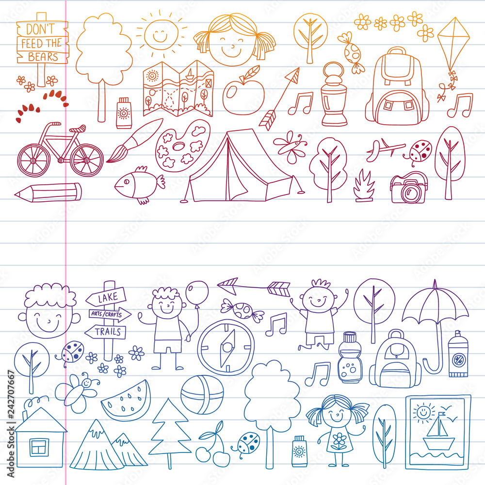 Vector set of camping, hiking icons for little children. School and kindergarten kids vacation.