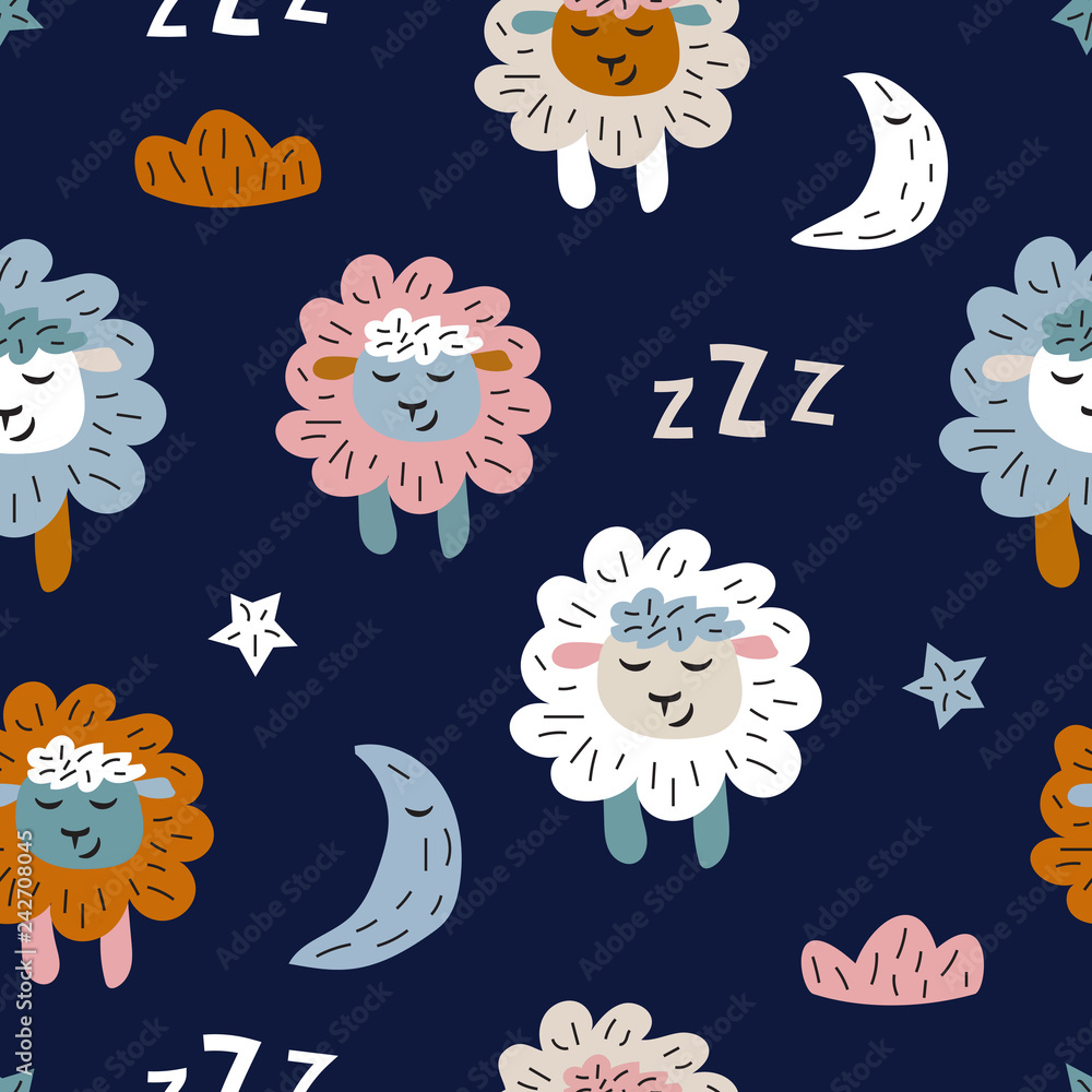 Childish seamless pattern with cute sheeps. Creative texture for fabric