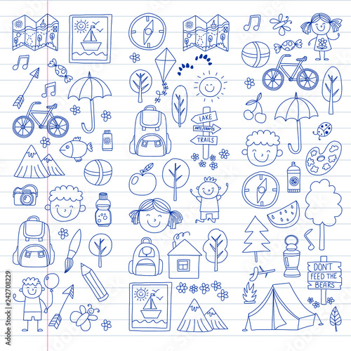 Vector set of camping, hiking icons for little children. School and kindergarten kids vacation.