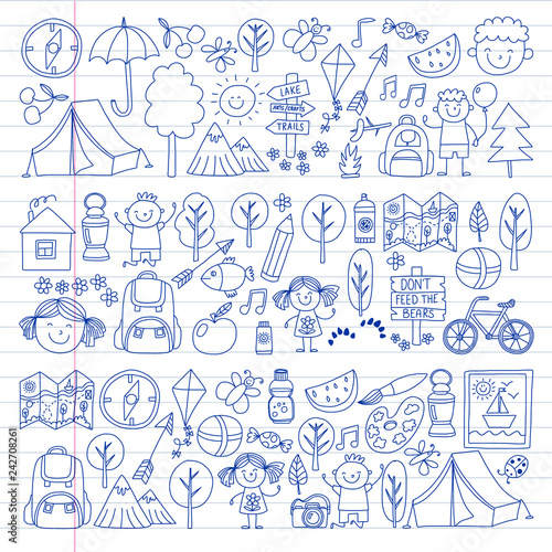 Vector set of camping, hiking icons for little children. School and kindergarten kids vacation.