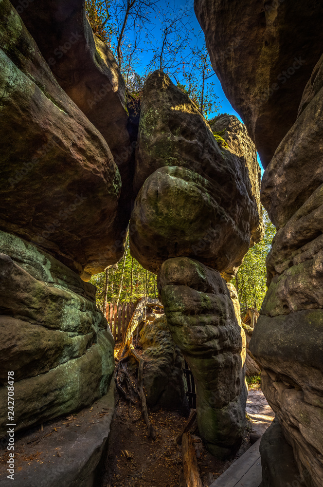 Sandstone tower stone formation from several rock in Stone labyrinth Bledne skaly Sandstone tower stone formation from several rock in Stone labyrinth Bledne skaly