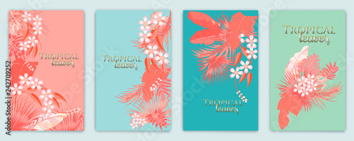 Tropical vector set background in Living Coral color.