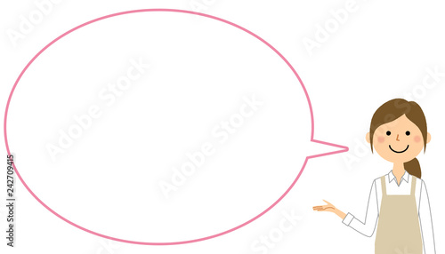 説明するエプロンの女性　ふきだし