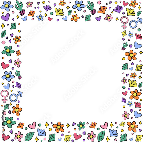 Valentine's day colorful frame with hearts and flowers. Template for text and print. Vector illustration