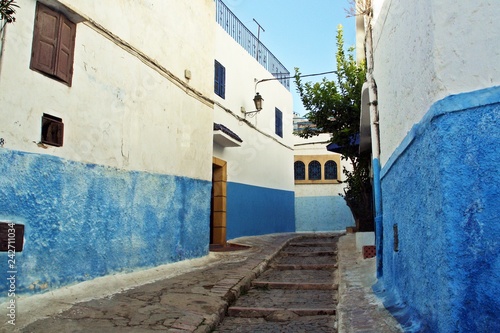 Casas y estrechas calles del interior de la Kasbah de los Oudayas en Rabat, Marruecos. © AngelLuis