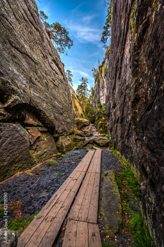Narrow stone canyon called Peklo on the top of Table mountains, Szczeliniec Wielki in National Park Stolowe Mountains, Sudety, Poland 