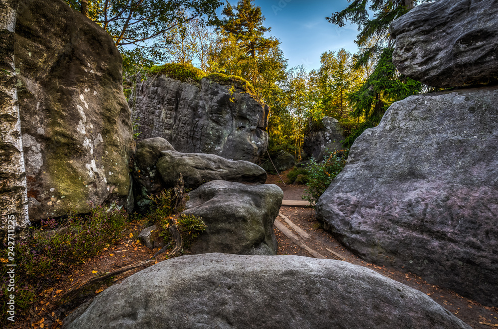 Sandstone rocks on the top of Table mountains with wooden walkways Sandstone rocks on the top of Table mountains with wooden walkways