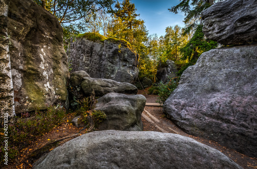 Sandstone rocks on the top of Table mountains with wooden walkways