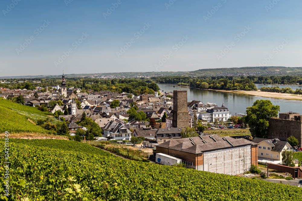 Panoramic aerial view of Rüdesheim am Rhein and Bingen am Rhein in the Rhine valley.