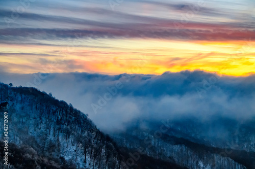 Winter evening in the mountains of the Caucasus. Georgia.
