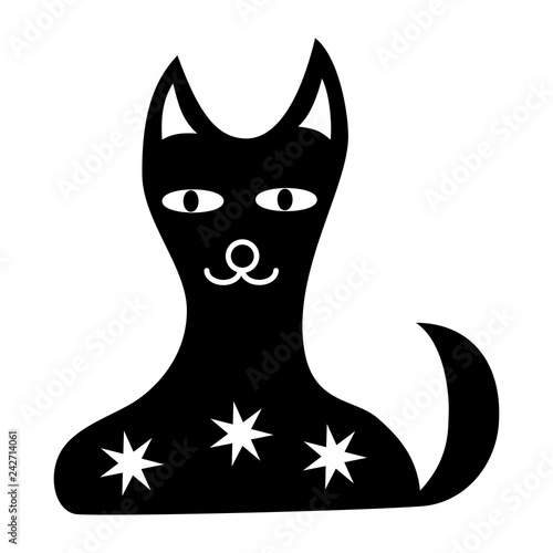 Cartoon black and white cat with stars. Graphic symbol, sign, logo. Vector graphics art.