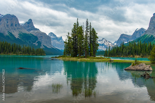 Canada forest landscape of Spirit Island with big mountain in the background, Alberta, Canada.