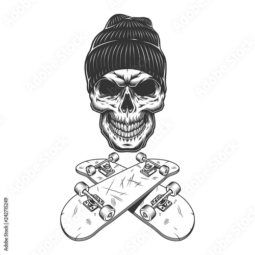 Vintage monochrome skateboarder skull