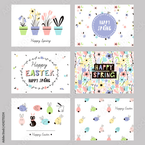 Set of Easter Spring gift cards and posters with cute colourful graphics. Happy Easter templates with eggs  flowers  floral frames and wreaths  rabbit and typographic design. Vector illustration
