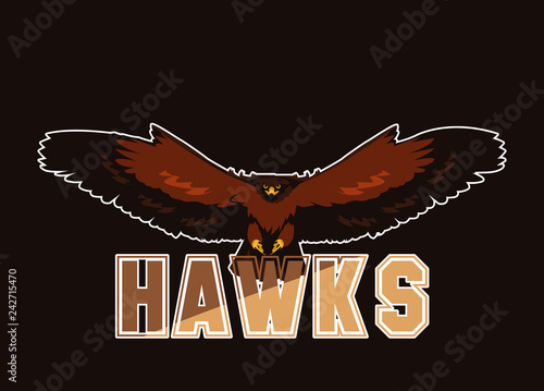 imposing hawk bird flying with word