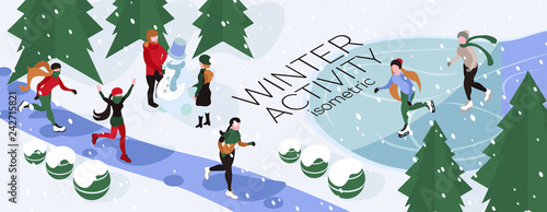 Winter activities isometric illustration. Young people running, skating, making snowman. Winter fun. Sport life. Healthy happy people. Snowing. Winter runner.