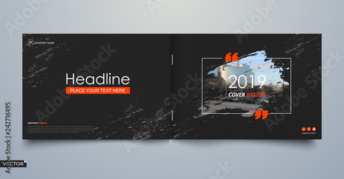 Abstract patch brochure cover design. Black info data banner frame. Techno title sheet model set. Modern vector front page art. Urban city blurb texture. Orange citation figure icon. Ad flyer text
