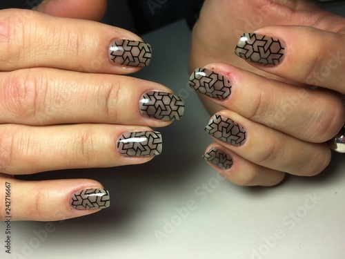 fashionable black manicure with stained glass design