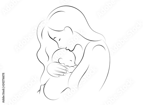 mother and baby stylized vector symbol, mom hugs her child logo template photo