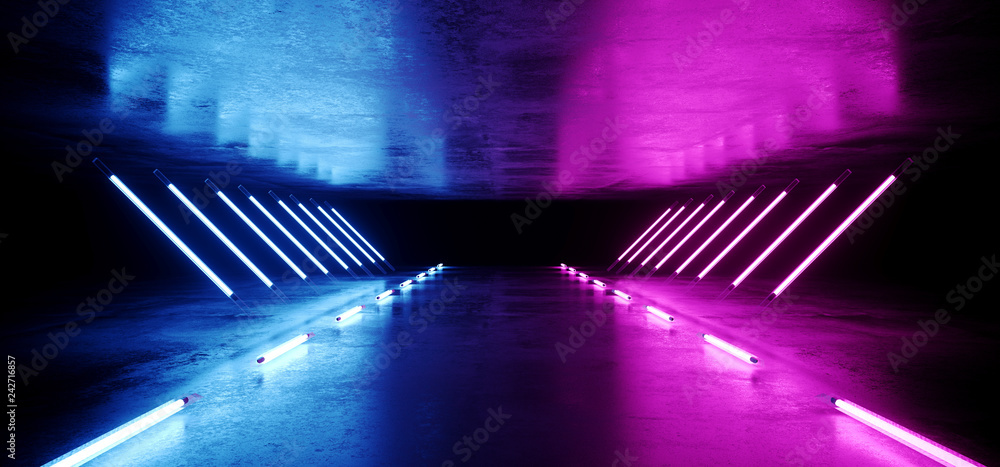 Neon Glowing Triangle Shaped Sci Fi Futuristic Modern Elegant Ultraviolet Stage Long Tunnel Road With Purple Blue Lights Empty Space On Grunge Reflective Concrete 3D Rendering