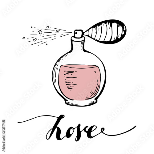 Perfume bottle logotype.hand drawing. Isolated badge of perfume on white background. Use for perfume store advertising, window signage. perfume shop icon, emblem. Vector label.